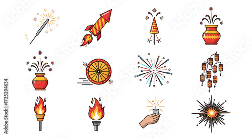 Collection of festive Diwali icons depicting fireworks, rockets, sparklers, and traditional oil lamps on a white background.