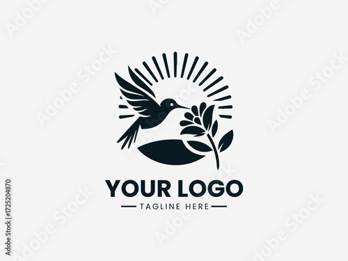 Colorful hummingbird feeding from flower under warm sun vector logo for nature brand identity