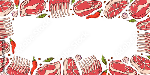 Border frame with different meat cut steak, rib and chop in a flat style. Ideal for food package, flyers, butcher shop design and restaurant menu.