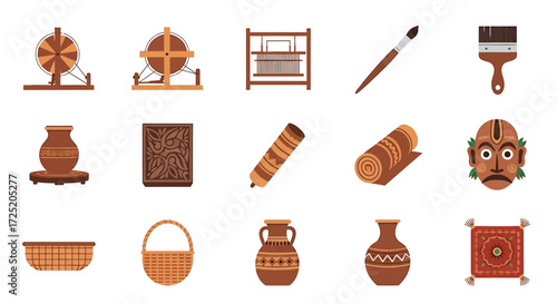 Collection of handcrafted artisan tools, pottery, and textiles representing traditional crafts.