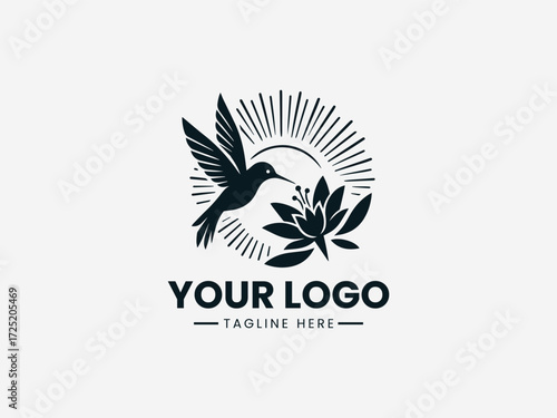 Colorful hummingbird feeding from flower under warm sun vector logo for nature brand identity