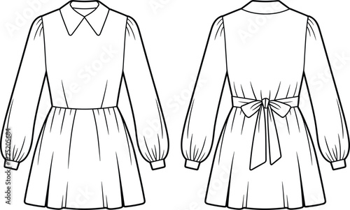 Fashion illustration, technical dress sketch, puff sleeve design, pointed collar dress, bow waist detail, garment construction, front back view drawing