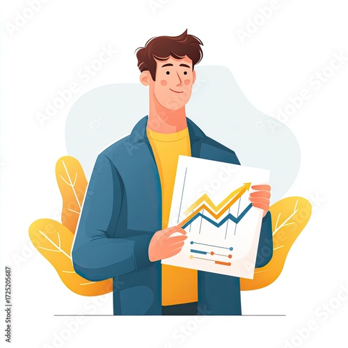 Man in blue jacket shows a graph with an upward trend