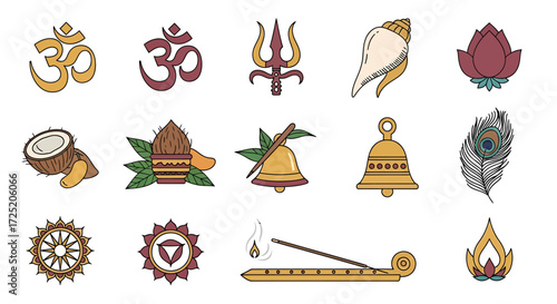 Collection of colorful, outlined Hindu/Indian religious symbols and objects.