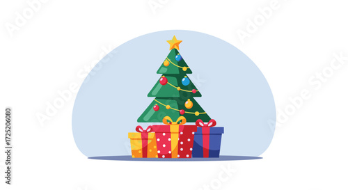 A festive christmas tree decorated with ornaments and lights stands tall surrounded by beautifully wrapped gift boxes.