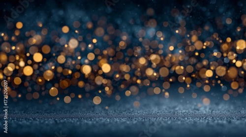 Dark background with a floor surface texture and an array of warm golden bokeh light circles floating above, creating a dramatic, festive, and empty product display scene.
