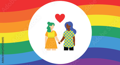 A loving couple holding hands with a heart above their heads on a rainbow background.