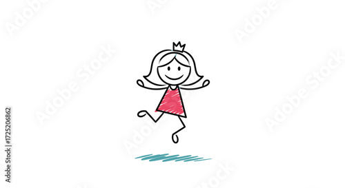 A happy stick figure girl wearing a crown and a pink dress jumps with joy.