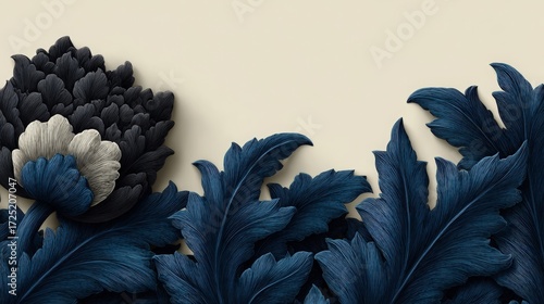 Elegant dark floral design featuring intricate leaves and peonies on a soft beige background