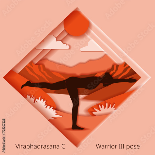 Parivritta Baddha Utkatasana yoga pose. Bound Revolved Chair pose.  Paper cut design. Isolated vector illustration.