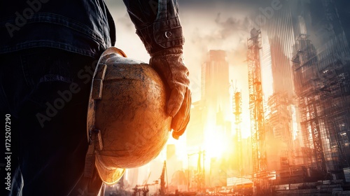 Worker Holding Hard Hat Amidst Post-Apocalyptic Industrial Landscape