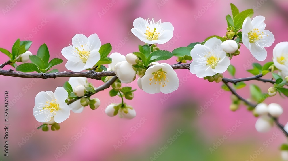 Fototapeta premium Delicate white blossoms bloom on a branch against a soft pink backdrop, showcasing a serene and spring-like scene.