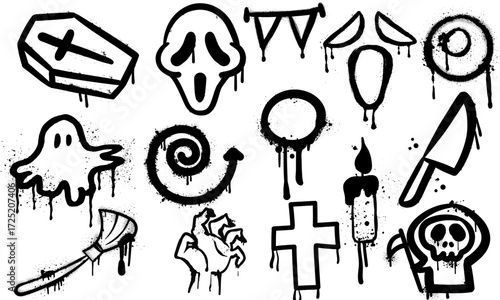Graffiti Grunge Illustration Set – Faces, Skull, Question Mark, Spray Paint Drips, Shapes, Scribbles, Fire, Flower Crown, Smile, Arrows, Handshake, Heart Vector Elements