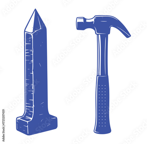 Vector illustration of a hammer and nail in blue and white construction theme