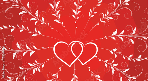 A beautiful red background adorned with white floral designs and intertwined hearts creating a romantic atmosphere.