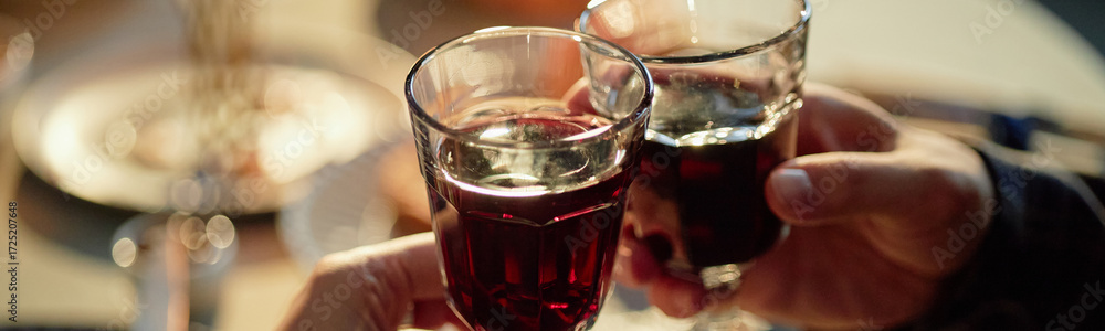 Fototapeta premium Header of adult hands holding wine glasses clinking together during Hanukkah celebration, blurred festive table setting visible in background, capturing traditional holiday toast moment