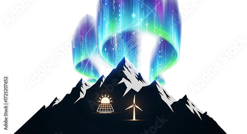 Scenic Mountains with Solar Panel and Wind Turbine beneath Aurora Borealis