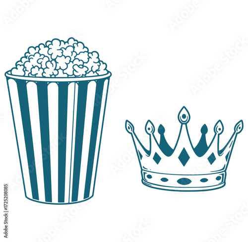 Vector illustration of popcorn and crown representing cinema movie entertainment or royalty
