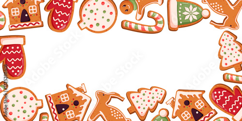 Festive border of with gingerbread cookies in shapes of house, mitten, reindeer, tree, candy cane on a white background for Christmas holiday design in cartoon.