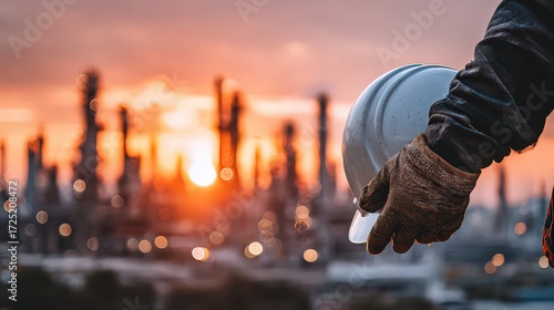 Worker Holds Safety Helmet At Sunset Over Refinery