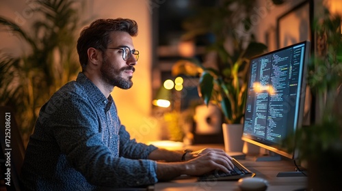 Focused male software developer with glasses diligently programming on a desktop computer late at night in a cozy home office