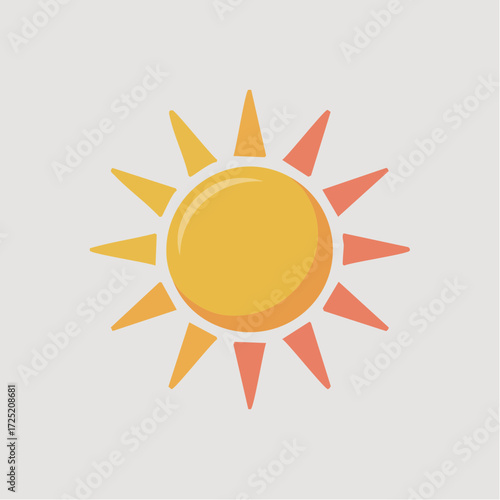 A simple, stylized cartoon illustration of a bright yellow and orange sun with triangular rays on a light grey background.