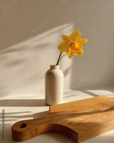Yellow Daffodil In Cream Vase With Wooden Cutting Board