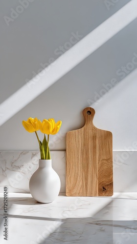 Yellow Tulips In White Vase With Wooden Cutting Board On White Marble Countertop