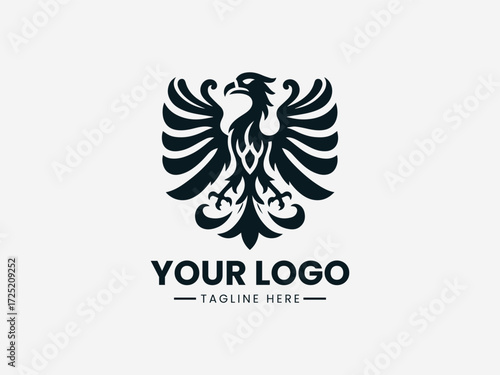 Regal eagle bird vector logo with golden crown and ornate details for luxury brand identity