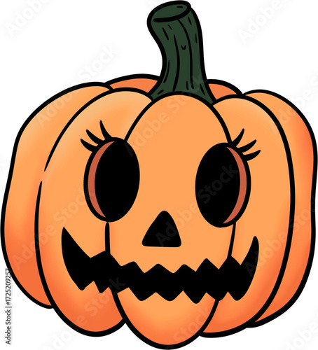 A cute and charming Halloween jack O lantern with long eyelashes.
