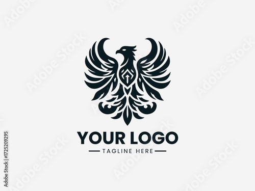 Regal eagle bird vector logo with golden crown and ornate details for luxury brand identity