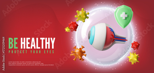 Banner with 3D eye under shield protection, blocking germs and viruses.