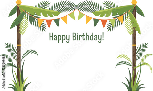 Tropical birthday greeting card, jungle theme, palm leaves, party banner, kids celebration, festive design, greenery, fun, invitation card