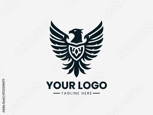 Regal eagle bird vector logo with golden crown and ornate details for luxury brand identity