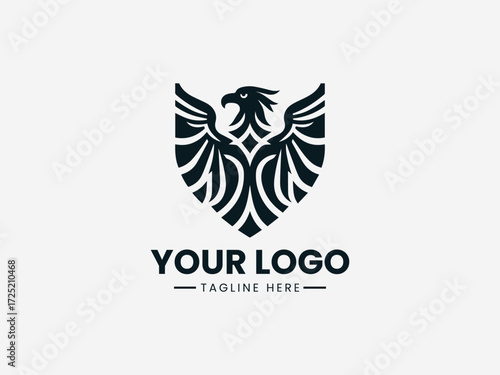 Regal eagle bird vector logo with golden crown and ornate details for luxury brand identity