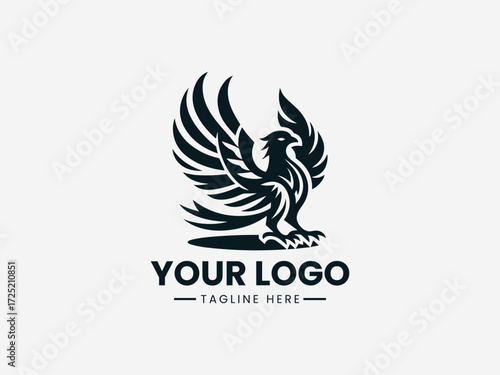Regal eagle bird vector logo with golden crown and ornate details for luxury brand identity