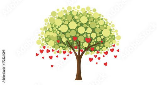 A whimsical tree with circles and hearts cascading down its branches.