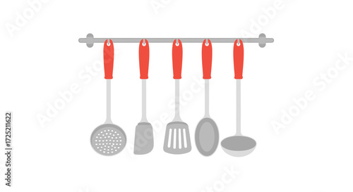 A collection of essential kitchen utensils hanging on a rack for easy access.