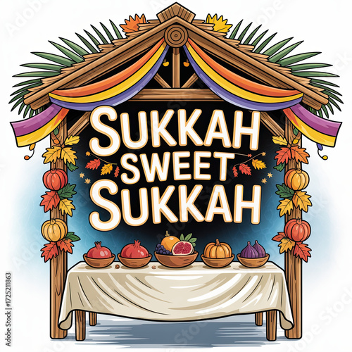 Cartoon sukkah with fruit bowls, warm autumn colors, Sukkot decor-
