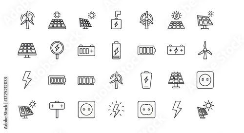 Clean energy icons showcasing solar panels, wind turbines, and batteries for sustainable power solutions.