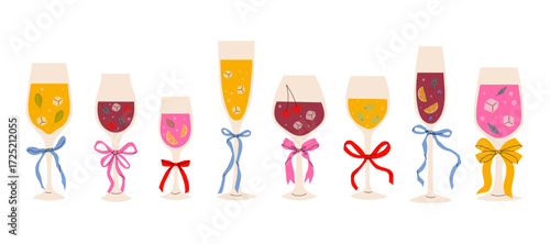 Colorful cocktail glasses decorated with ribbons showcase refreshing drinks for a festive occasion