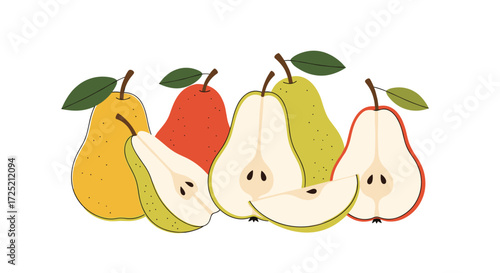 A variety of ripe pears are artfully arranged showing whole and sliced fruit.