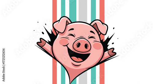 Joyful cartoon pig character with arms raised in celebration and happiness.