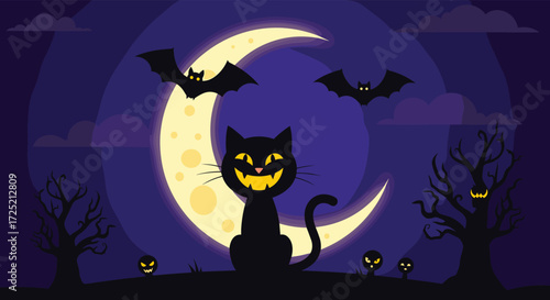 A spooky black cat sits silhouetted against a large crescent moon on halloween night with bats flying above.