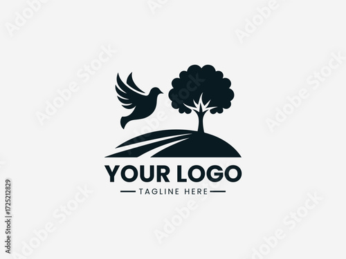 Serene dove resting on tree over rolling hill vector logo for peace organization branding