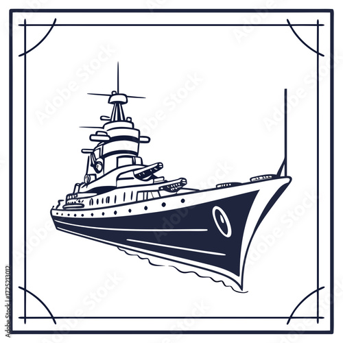 Illustration of a battleship, a symbol of naval power and historical maritime warfare, showcasing its design and formidable armament