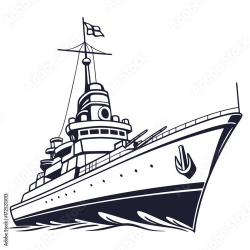 Illustration of a battleship, a powerful warship designed for naval combat, showcasing its formidable size, weaponry, and maritime capabilities in a vector drawing
