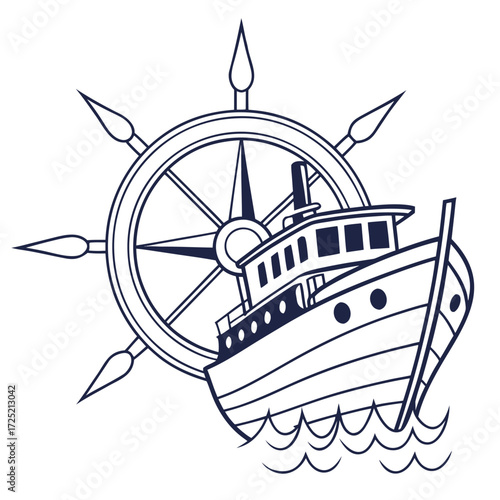 Illustration of a charming tugboat with a classic nautical wheel, , evoking a sense of maritime adventure and timeless seafaring tradition in vector format