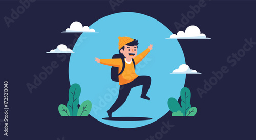 A happy young person with a backpack jumps joyfully against a blue sky.