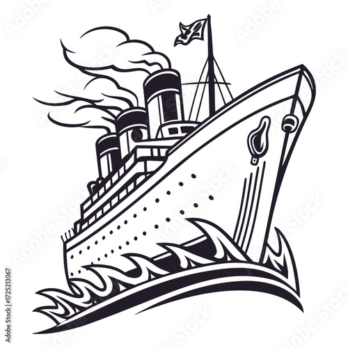 Illustration of a classic ocean liner, depicting its grandeur and elegance as it sails through the sea, evoking a sense of luxury and historical travel